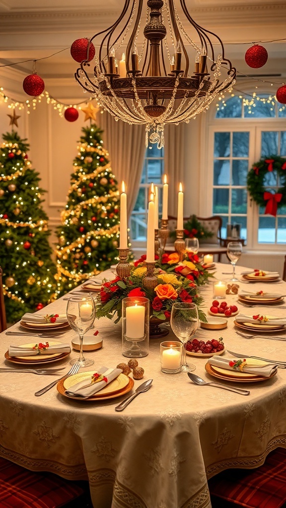 An elegantly decorated Christmas dining table with candles, flowers, and festive decor for a large gathering.